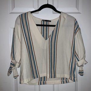 ZARA STRIPED KNOTTED SHORT SLEEVE V SHIRT